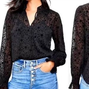 Loft M Blouse: Star Ruffle Tie Neck, black long sleeve NWT